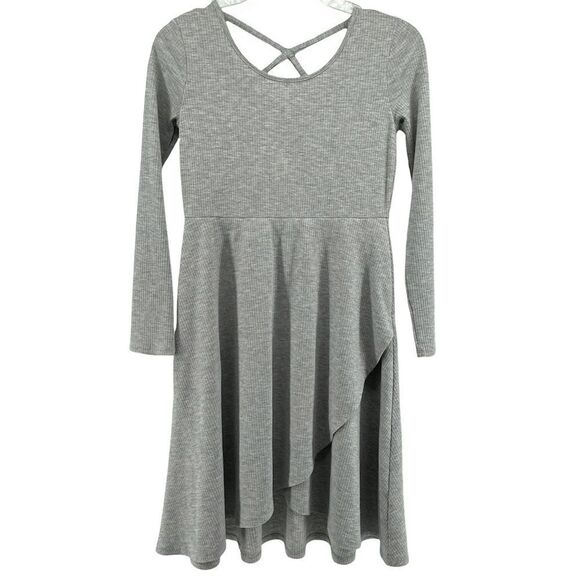 Art Class Girl’s Grey Ribbed Long Sleeve Wrap Criss Cross Skater Dress Large - Picture 1 of 14